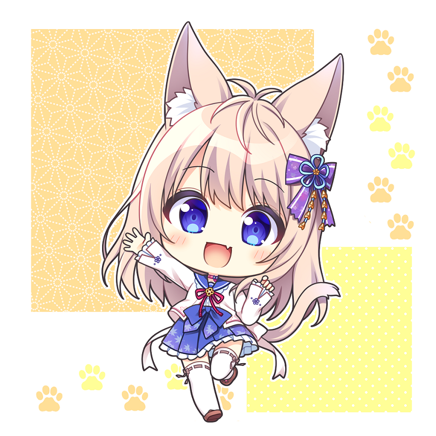 1girl :d animal_ear_fluff animal_ears blue_eyes blue_sailor_collar blue_skirt blush brown_footwear brown_hair cat_ears cat_girl cat_tail chibi commentary_request fang frilled_skirt frills full_body jacket kinari_momiji long_sleeves looking_at_viewer open_clothes open_jacket outstretched_arm pleated_skirt ribbon-trimmed_legwear ribbon_trim ryuuka_sane sailor_collar shirt shoes skirt sleeves_past_wrists smile solo standing standing_on_one_leg tail thigh-highs white_jacket white_shirt white_thighhighs yorite_konoha_wa_kurenai_ni