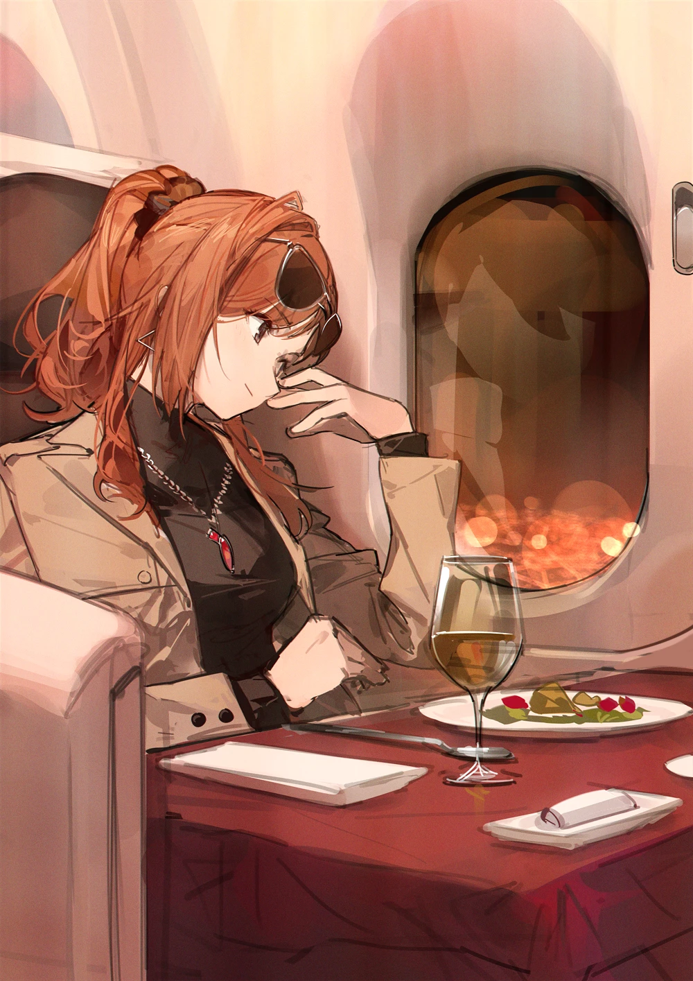 1girl aircraft airplane airplane_interior arisugawa_natsuha black_sweater brown_coat coat commentary_request cup dangle_earrings drinking_glass earrings eyewear_on_head food highres idolmaster idolmaster_shiny_colors jewelry looking_outside napkin open_clothes open_coat orange_hair plate ponytail scrunchie sitting solo sweater table turtleneck turtleneck_sweater window wine_glass zhili_xingzou