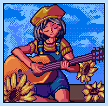 1990s_(style) 1girl acoustic_guitar bench black_hair blue_overalls blue_sky clouds cloudy_sky comfy day flower guitar holding holding_instrument horizon instrument lilian_duleroux lowres outdoors overalls pixel_art retro_artstyle scenery shirt short_hair sky smile solo sunflower yellow_shirt