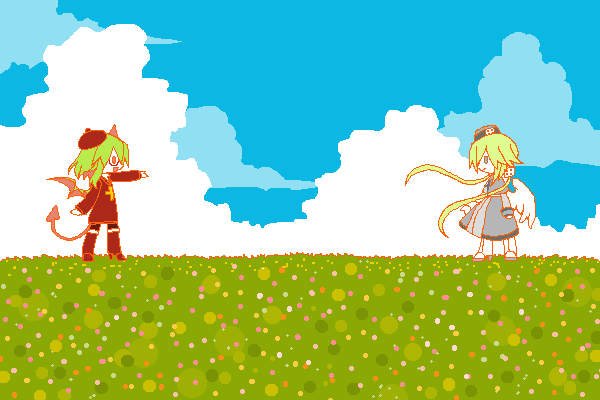 2girls angel_wings blonde_hair blue_eyes boots clouds cloudy_sky cross cross_necklace demon_girl demon_tail demon_wings dice_hair_ornament dress froze_(haiiro_teien) funamusea glasses grass green_hair grey_dress haiiro_teien hair_ornament hat horns jewelry long_hair looking_at_another mogeko_(okegom) multiple_girls nature necklace open_mouth outdoors scenery semi-rimless_eyewear short_hair sky smile sweater tail twintails wide_shot wings yosafire_(haiiro_teien)