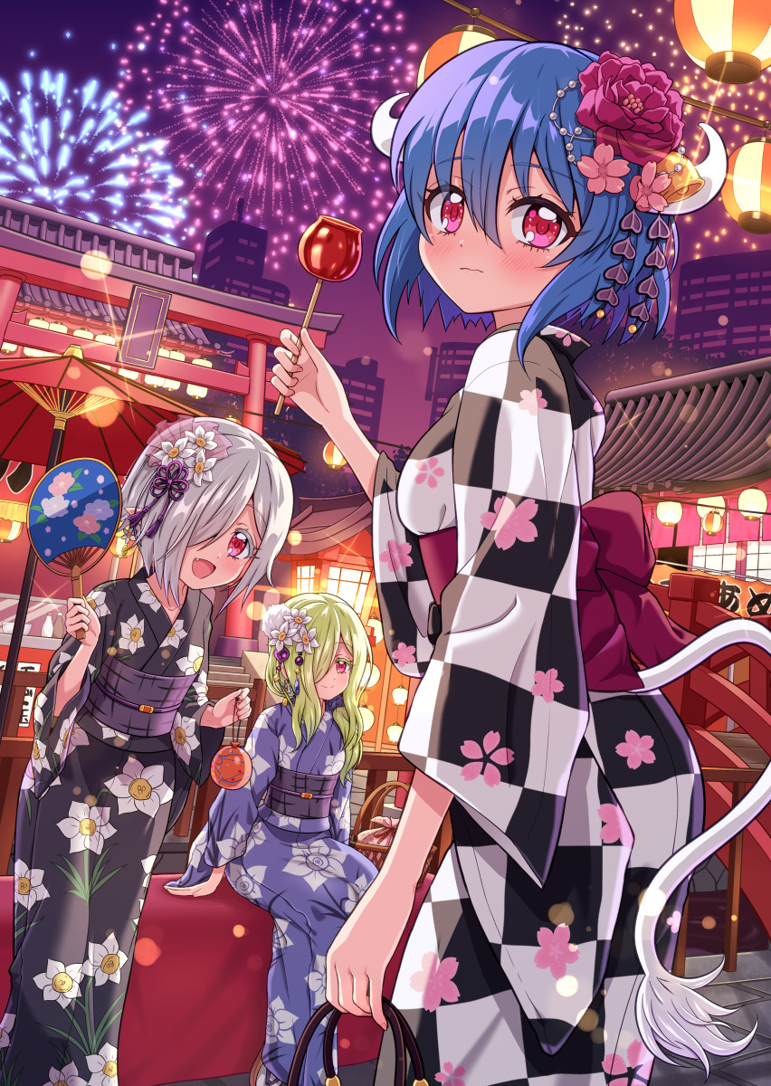3girls blonde_hair blue_hair blush candy_apple closed_mouth commentary_request cow_girl cow_horns cow_tail fang fireworks flower food grey_hair hair_flower hair_ornament hair_over_one_eye highres horns japanese_clothes jashin-chan_dropkick kimono long_hair looking_at_viewer minos_(jashin-chan_dropkick) multiple_girls mumyou_ishi open_mouth outdoors persephone_(jashin-chan_dropkick) persephone_ii red_eyes short_hair smile summer_festival tail yukata