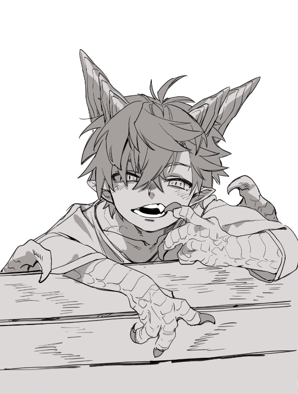 1boy child claws dragon_boy dragon_horns fangs finger_to_mouth furry furry_male greyscale hair_between_eyes horns kemonomimi_mode male_focus messy_hair monochrome monster_boy mullmull02 original pointy_ears scales sharp_teeth short_hair solo teeth