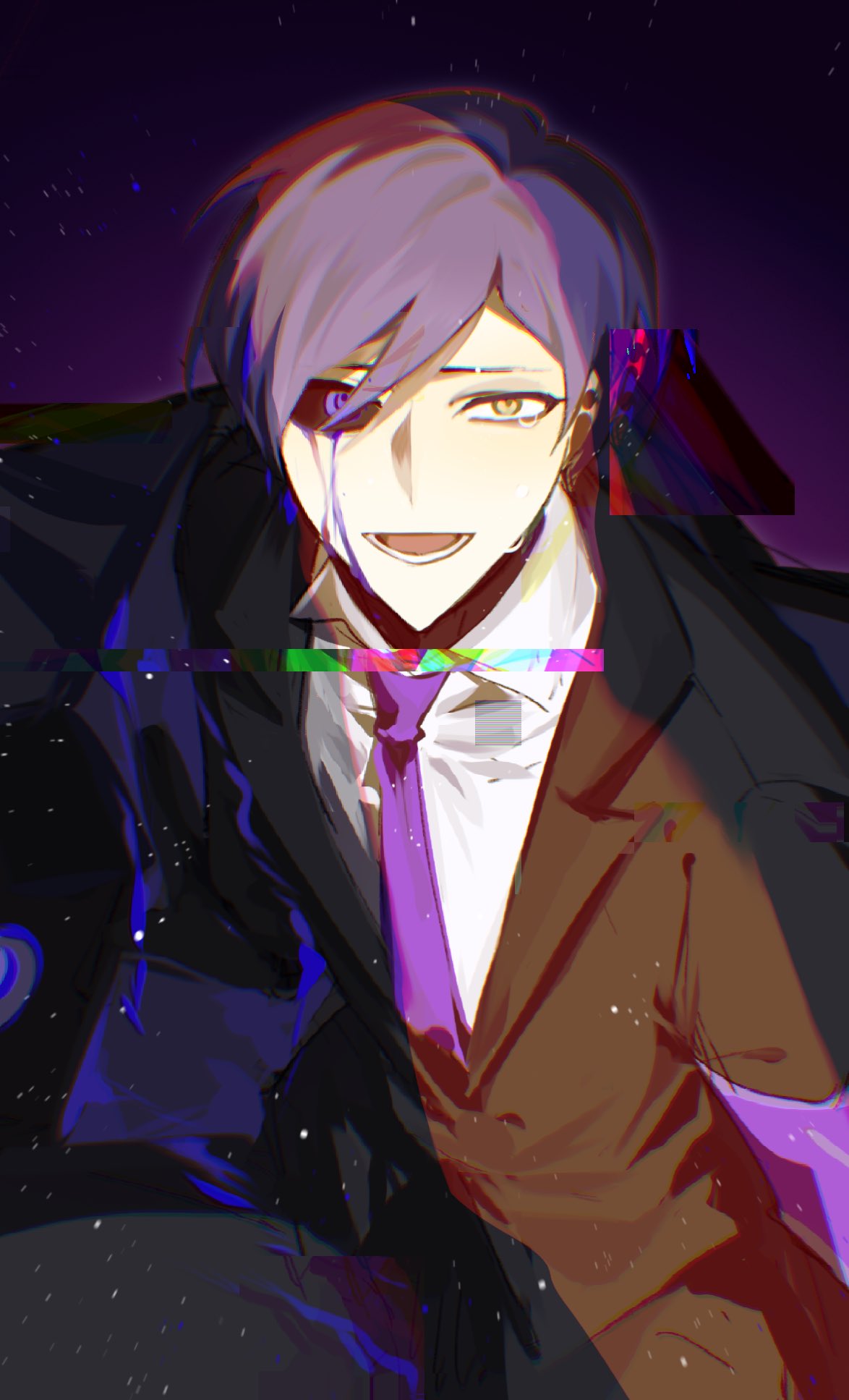 1boy andrian11011 black_jacket black_sclera black_sweater colored_sclera crying crying_with_eyes_open glitch heterochromia highres jacket lobotomy_corporation looking_at_viewer male_focus necktie open_mouth project_moon purple_armband purple_hair purple_necktie simple_background smile solo_focus suit sweater tears turtleneck violet_eyes yellow_eyes yesod_(project_moon)