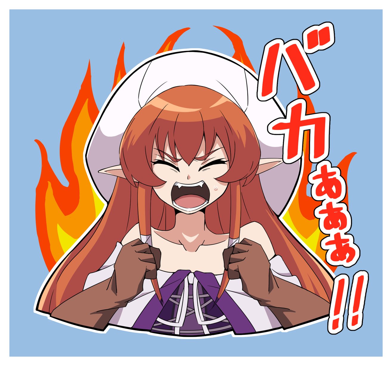 &gt;_&lt; &gt;o&lt; 1girl :o bare_shoulders border brown_gloves commentary_request cropped_arms cropped_shoulders dot_nose fangs fire flame gloves hat helck highres liberty light_blue_background long_hair open_mouth outline pointy_ears redhead round_teeth shouting sidelocks simple_background teeth translated upper_body v-shaped_eyebrows vamirio white_border white_outline