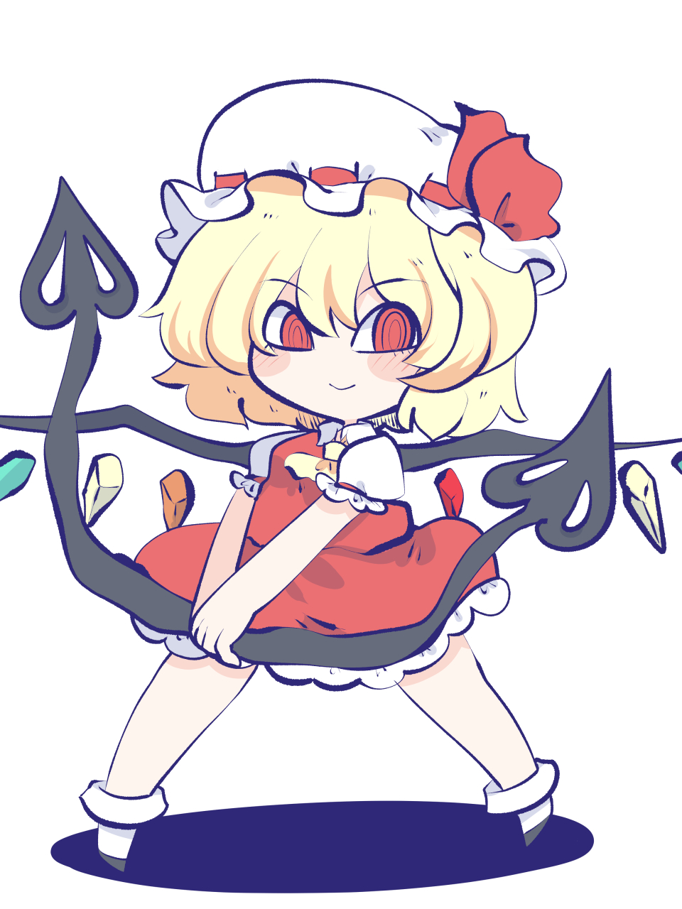 black_footwear blonde_hair blush bow chahan_(fried_rice0614) collar collared_shirt crystal flandre_scarlet frilled_hat frilled_skirt frilled_sleeves frills hat hat_bow hat_ribbon highres holding holding_polearm holding_weapon laevatein_(touhou) looking_to_the_side mob_cap neckerchief polearm puffy_sleeves red_bow red_eyes red_shirt red_skirt ribbon shadow shirt short_hair simple_background skirt socks spread_legs touhou weapon white_background white_hair wings yellow_neckerchief