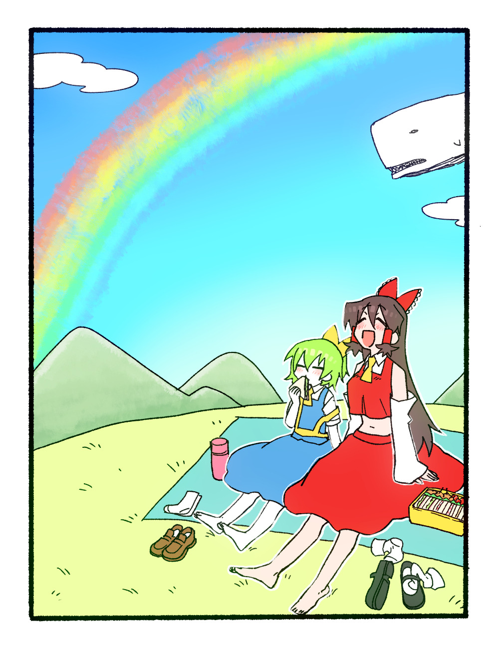 2girls :d ascot barefoot bento black_footwear blue_skirt blue_sky blue_vest blush border bow brown_footwear brown_hair closed_eyes clouds collared_shirt colored_skin commentary_request cookie_(touhou) daiyousei day detached_sleeves diyusi_(cookie) eating food frilled_bow frills full_body gedougawa grass green_hair hair_between_eyes hair_bow hair_tubes hakurei_reimu highres hill holding holding_food loafers long_bangs long_hair mountain multiple_girls navel noel_(cookie) off_(game) offside:_diyusi open_mouth outdoors picnic rainbow red_bow red_shirt red_skirt sandwich shirt shoes sidelocks sitting skirt sky sleeveless sleeveless_shirt smile socks socks_removed touhou vest whale whale_(off) white_border white_skin white_sleeves white_socks yellow_ascot