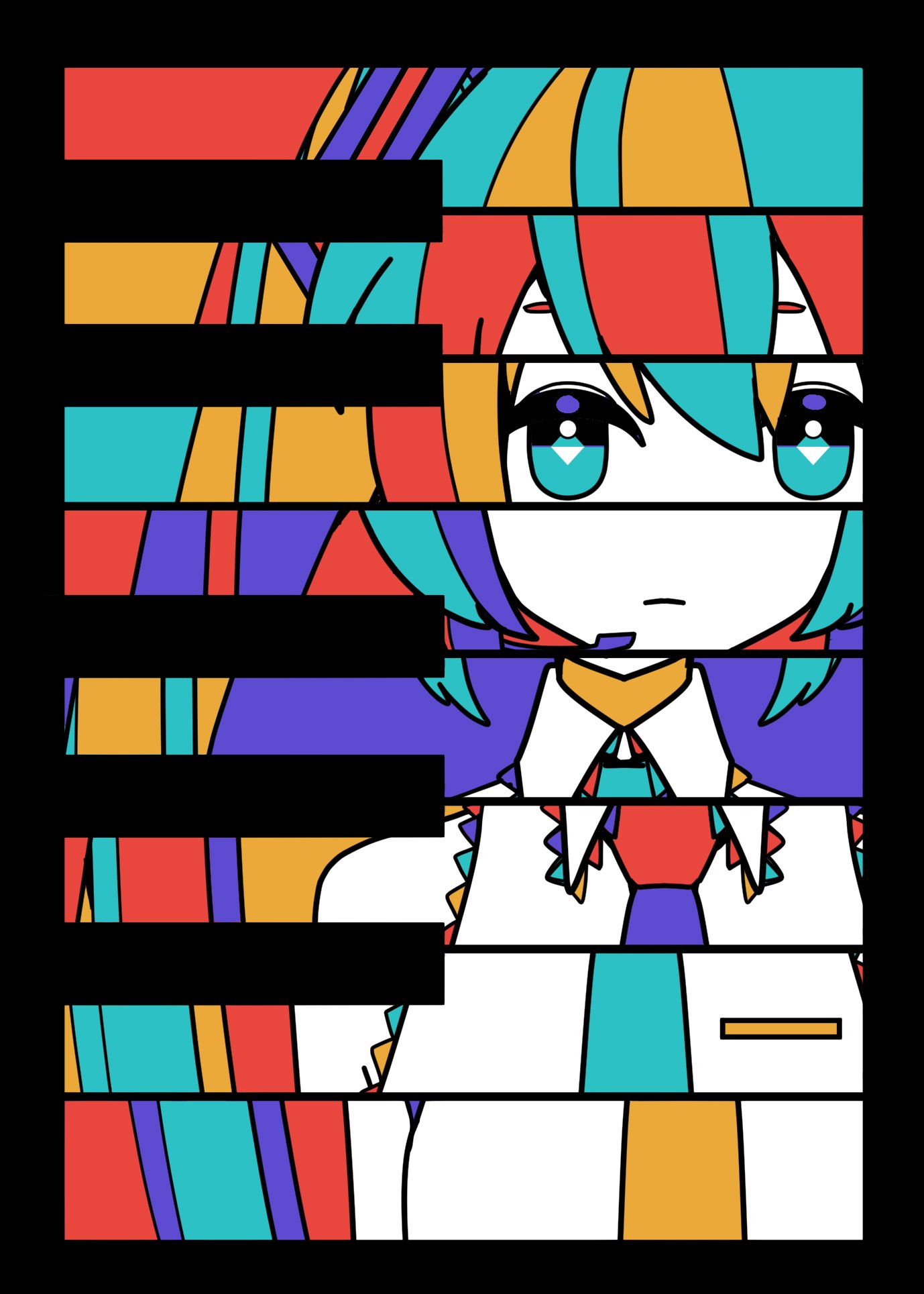 1girl aqua_eyes bare_shoulders black_border border closed_mouth collared_shirt colored_skin colorful commentary expressionless hair_ornament hatsune_miku highres long_hair looking_at_viewer machigami_yoh multicolored_hair multicolored_necktie necktie piano_keys shirt sleeveless sleeveless_shirt solo straight-on twintails upper_body vocaloid white_skin