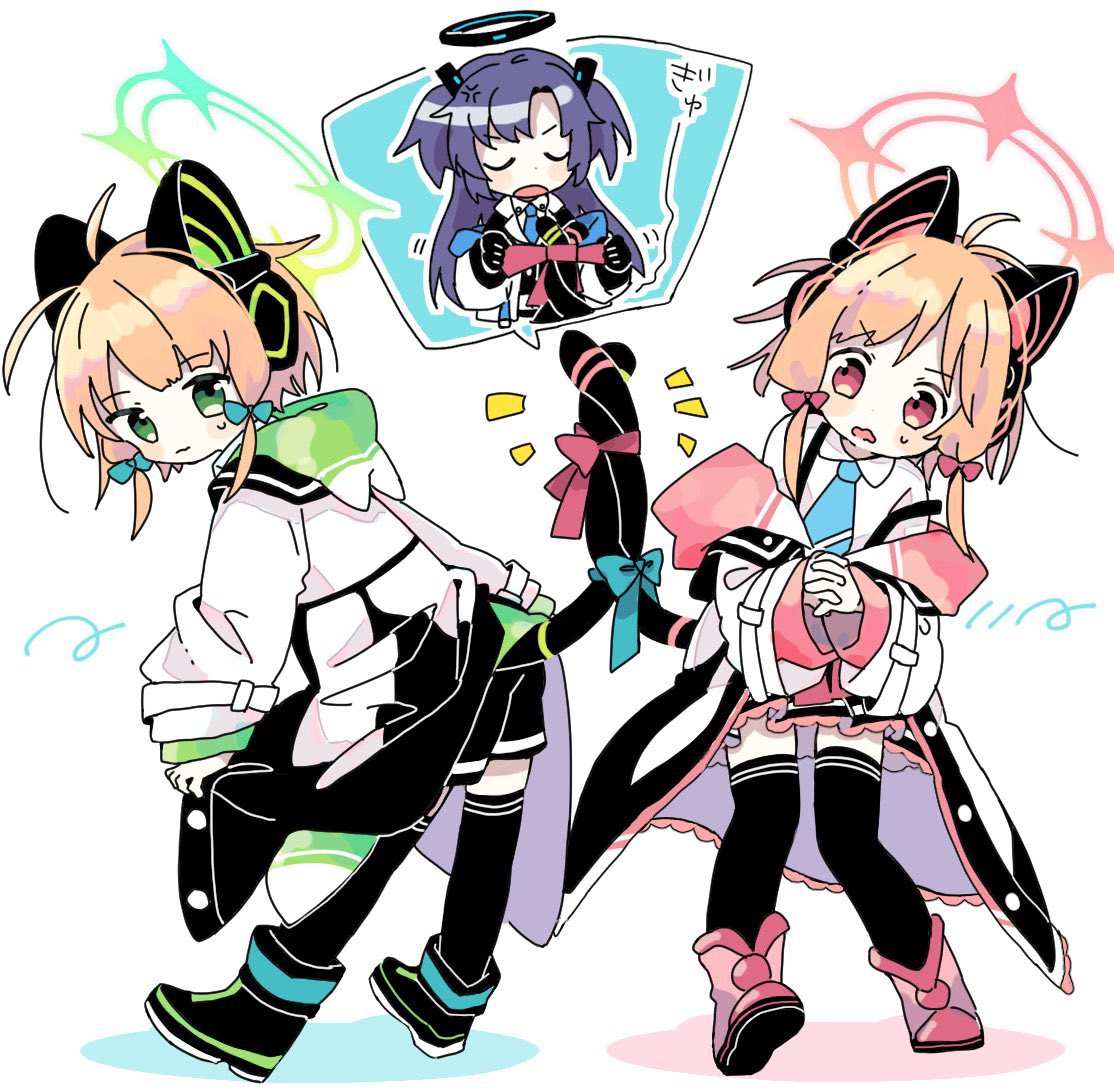 3girls anger_vein angry animal_ear_headphones animal_ears animal_hood black_coat black_footwear black_gloves black_shorts black_skirt black_thighhighs blonde_hair blue_archive blue_bow blue_necktie blush_stickers boots bound bow cat_ear_headphones cat_hood cat_tail chibi chibi_inset coat coat_partially_removed collared_shirt commentary_request fake_animal_ears fake_tail gloves green_coat green_eyes hair_bow halo headphones hood hood_down hooded_coat intertwined_tails leaning_forward long_hair looking_at_another looking_back messy_hair midori_(blue_archive) momoi_(blue_archive) multicolored_coat multiple_girls multiple_hair_bows naguru_(cyoroama) necktie nervous open_mouth own_hands_clasped own_hands_together pink_coat pink_footwear purple_hair red_bow red_eyes shirt short_hair_with_long_locks shorts siblings simple_background sisters skirt suspenders suspenders_slip sweatdrop tail thigh-highs tied_up_(nonsexual) toes_up two_side_up tying v-shaped_eyebrows wavy_mouth white_background white_coat white_shirt yuuka_(blue_archive)