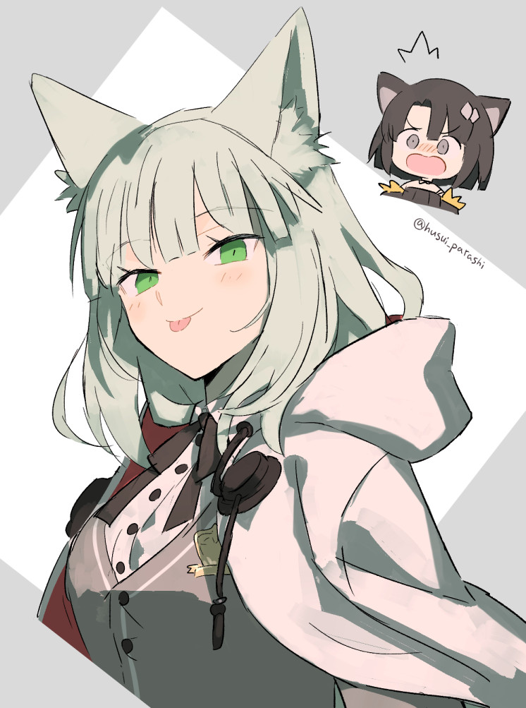 2girls :p angry animal_ear_fluff animal_ears arknights black_bow black_bowtie blush border bow bowtie breasts brown_dress brown_hair buttons cat_ears cat_girl chibi chibi_inset commentary_request cropped_torso dress green_eyes green_hair grey_background grey_vest harmonie_(arknights) hood hooded_jacket husui_parashi jacket light_blush looking_at_viewer mandragora_(arknights) medium_breasts multiple_girls open_mouth shirt short_hair simple_background tongue tongue_out twitter_username vest violet_eyes white_background white_jacket white_shirt