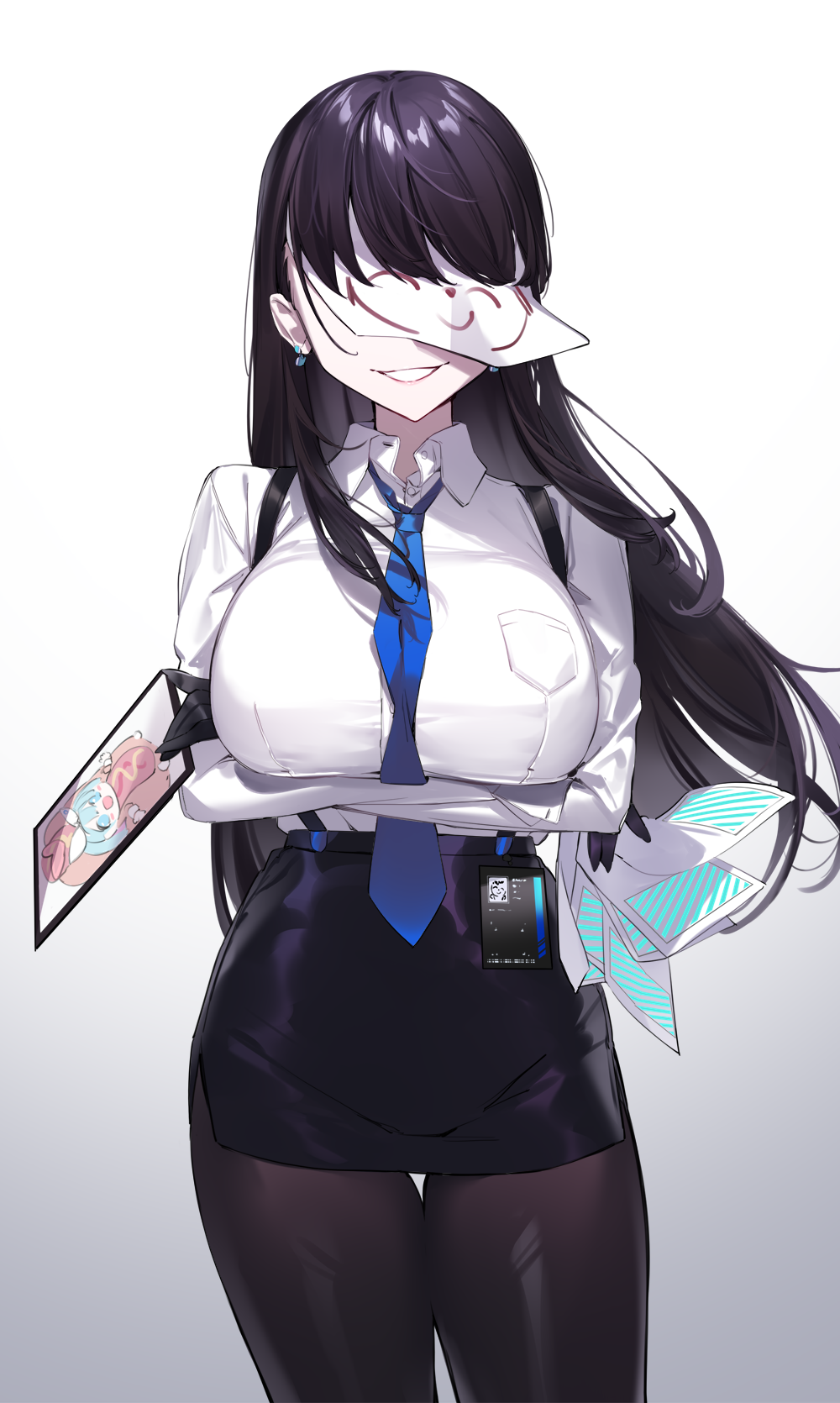 1girl arm_under_breasts arona's_sensei_doodle_(blue_archive) black_gloves black_hair black_pantyhose black_skirt blue_archive blue_necktie breast_hold breast_pocket breasts collared_shirt cowboy_shot crossed_arms earrings faceless faceless_female facing_viewer female_sensei_(blue_archive) gloves gradient_background high-waist_skirt highres holding holding_tablet_pc jewelry large_breasts long_hair necktie pantyhose paper_on_head pencil_skirt pocket sensei_(blue_archive) shirt shirt_tucked_in simple_background skirt smile solo suspender_skirt suspenders tablet_pc tented_shirt white_background white_shirt yaguo