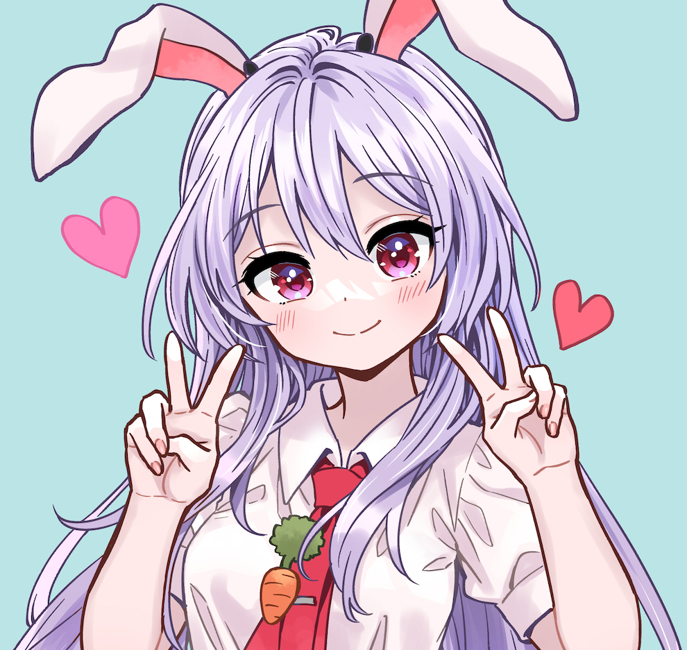1girl ama-tou animal_ears blush carrot_pin collared_shirt fingernails hands_up heart light_purple_hair light_smile long_hair looking_at_viewer nail nail_polish necktie puffy_short_sleeves puffy_sleeves rabbit_ears rabbit_girl red_necktie reisen_udongein_inaba shirt short_sleeves simple_background solo touhou v violet_eyes white_shirt