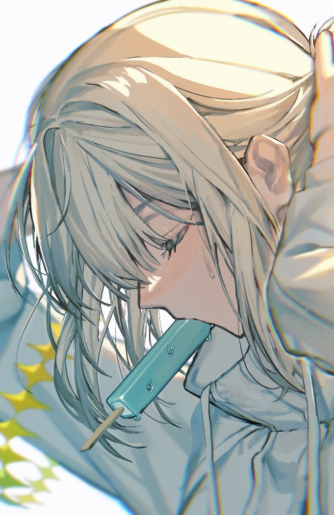 1boy arms_up blonde_hair chromatic_aberration close-up closed_eyes dappled_sunlight fate/grand_order fate_(series) food from_side hair_between_eyes hood hoodie ice_cream male_focus mebaru oberon_(fate) portrait sidelocks simple_background solo sunlight sweat sweatdrop tying_hair white_background white_hoodie