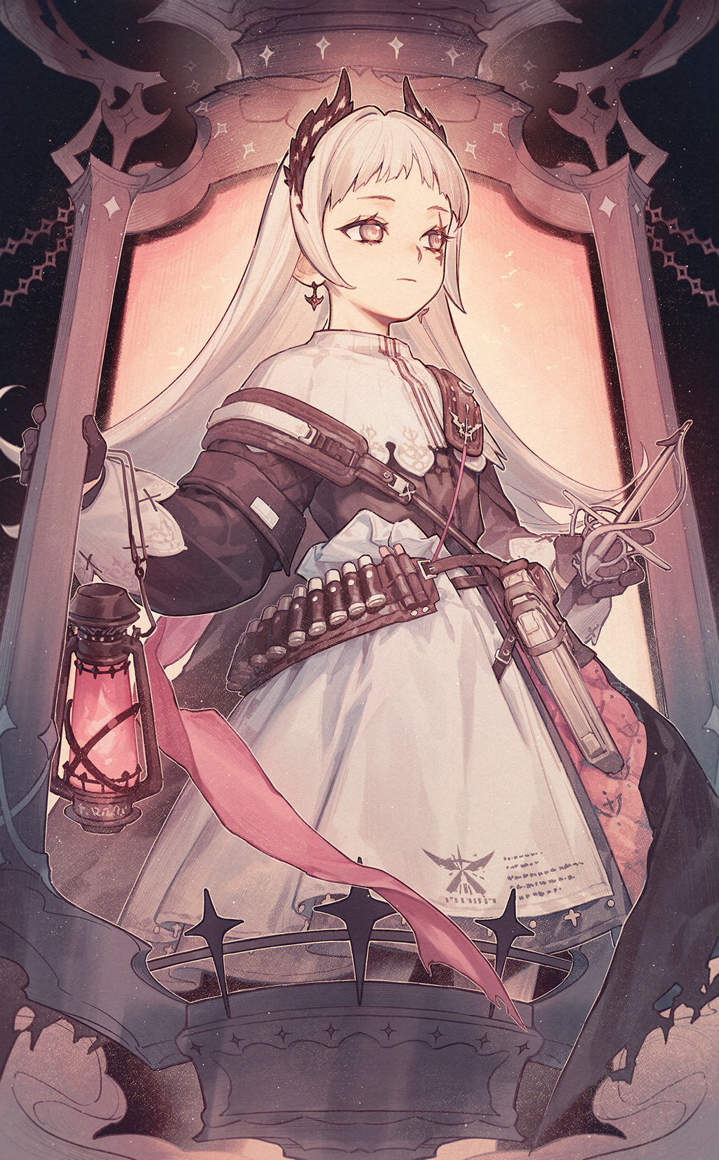 1girl aluce arknights black_gloves closed_mouth dress earrings expressionless gloves grey_eyes grey_hair highres holding holding_lantern irene_(arknights) jewelry lantern long_hair looking_to_the_side scar scar_across_eye scar_on_face short_bangs sidelocks solo standing