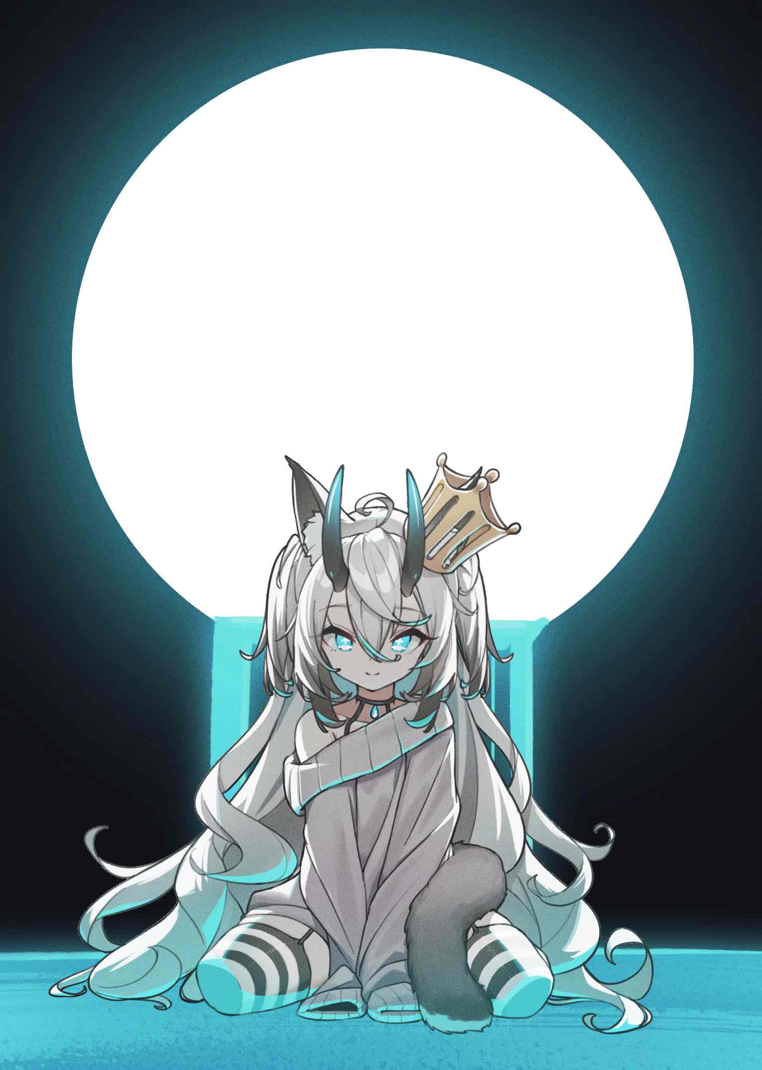 1girl animal_ear_fluff animal_ears between_legs black_thighhighs blue_eyes cat_ears cat_girl cat_tail crown full_body garter_straps grey_hair grey_sweater hand_between_legs highres horns long_hair long_sleeves looking_at_viewer mosou_keito no_pants off-shoulder_sweater off_shoulder original sitting sleeves_past_fingers sleeves_past_wrists smile striped striped_thighhighs sweater tail thigh-highs two_side_up very_long_hair wariza white_hair white_thighhighs