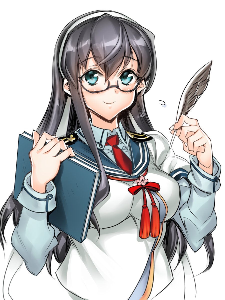 1girl alternate_breast_size blue_eyes blue_sailor_collar blue_shirt breasts collared_shirt epaulettes flying_sweatdrops glasses hairband highres hiyohiyo kantai_collection large_breasts layered_sleeves long_hair long_sleeves necktie ooyodo_(kancolle) quill red_necktie sailor_collar sailor_shirt school_uniform serafuku shirt short_over_long_sleeves short_sleeves simple_background smile solo upper_body white_background white_hairband white_shirt