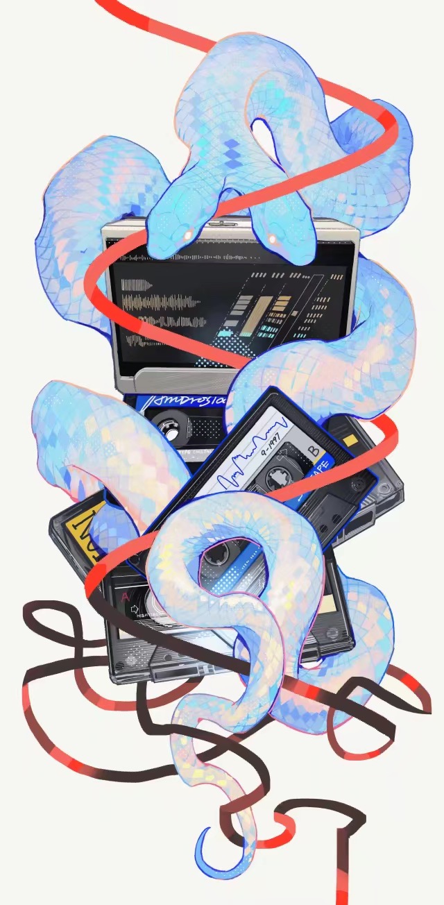 animal cassette_tape commentary floating full_body highres multiple_heads nightcrow no_humans no_pupils original simple_background snake tape white_background white_eyes