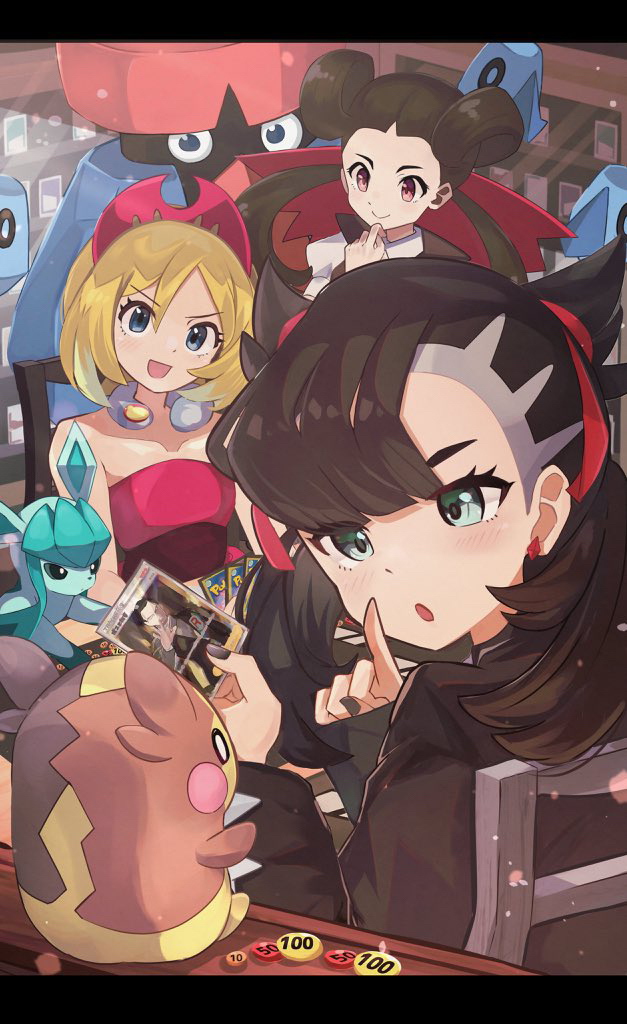 3girls aqua_eyes asymmetrical_bangs black_hair black_jacket black_nails blonde_hair blue_eyes card commentary_request earrings finger_to_mouth giovanni_(pokemon) glaceon hair_ribbon hairband holding holding_card indoors irida_(pokemon) jacket jewelry long_hair looking_at_another marnie_(pokemon) medium_hair morpeko morpeko_(full) multiple_girls nail_polish neck_ring on_chair open_mouth playing_card pokemon pokemon_(creature) pokemon_card probopass red_eyes red_hairband red_ribbon red_shirt ribbon roxanne_(pokemon) shirt sitting sleeves_past_wrists smile strapless strapless_shirt twintails umiru