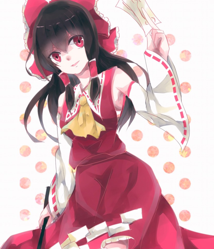 1girl aridamikannn armpit_crease ascot between_fingers black_hair bow detached_sleeves detached_wings frilled_bow frills gohei hair_between_eyes hair_bow hakurei_reimu holding holding_gohei long_hair looking_at_viewer open_mouth red_bow red_eyes red_shirt red_skirt shirt simple_background skirt skirt_set sleeveless sleeveless_shirt solo touhou white_background wide_sleeves wings yellow_ascot