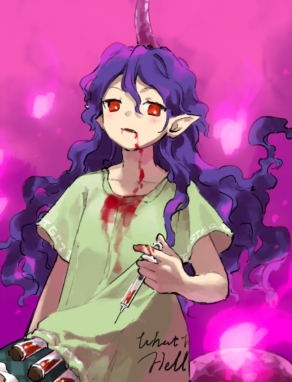 1girl blood blood_on_clothes blood_on_face clothes_writing green_shirt highres holding holding_syringe horns kaigen_1025 long_hair open_mouth pointy_ears purple_hair purple_horns red_eyes shirt short_sleeves single_horn solo syringe tail tenkajin_chiyari touhou unfinished_dream_of_all_living_ghost upper_body