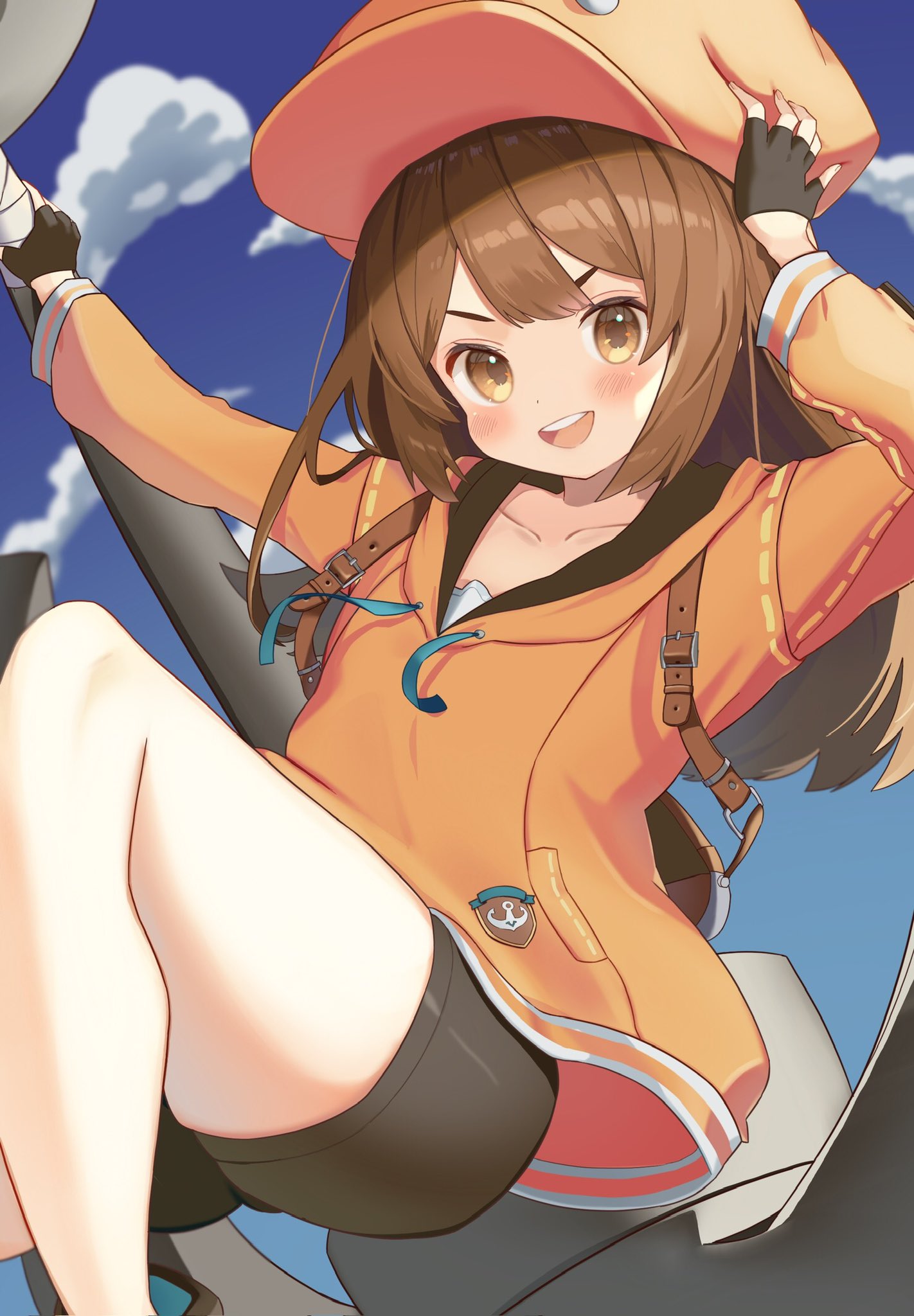 1girl adjusting_clothes adjusting_headwear anchor bike_shorts black_gloves black_shorts blush brown_hair cabbie_hat clouds cloudy_sky fingerless_gloves gloves guilty_gear guilty_gear_strive hat hat_ornament highres holding holding_anchor hood hoodie long_hair long_sleeves looking_at_viewer may_(guilty_gear) no_ko_33 open_mouth orange_eyes orange_headwear orange_hoodie shorts skull_and_crossbones skull_hat_ornament sky smile