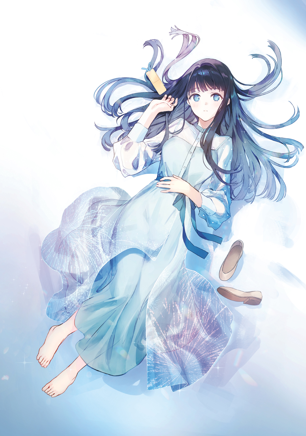 1girl barefoot black_hair blue_dress blue_eyes bookmark brown_footwear character_request closed_mouth commentary_request dress full_body ga_bunko hand_up highres long_hair long_sleeves looking_at_viewer puffy_long_sleeves puffy_sleeves see-through shoes shoes_removed solo very_long_hair weee_(raemz)