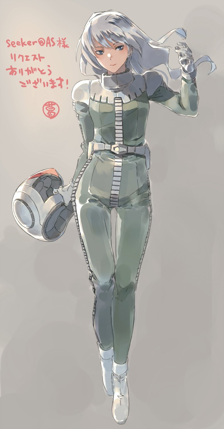 1girl belt blue_eyes boots breasts commission full_body gloves gradient_background grey_background grey_hair gundam headwear_removed helmet helmet_removed highres lipstick long_hair makeup mobile_suit_gundam original pilot_suit skeb_commission small_breasts solo suzumaru zeon