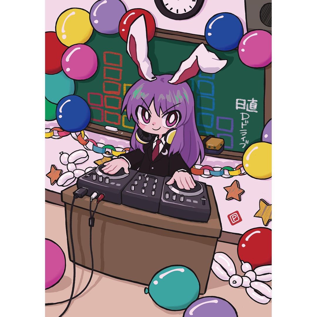 1girl animal_ears balloon black_jacket blazer board_eraser buttons chalk chalkboard clock closed_mouth collared_shirt commentary_request crescent crescent_pin dj djrem headphones headphones_around_neck jacket light_purple_hair long_hair long_sleeves mixing_console necktie purple_hair rabbit_ears rabbit_girl record red_necktie reisen_udongein_inaba shirt solo touhou turntable v-shaped_eyebrows very_long_hair violet_eyes white_shirt