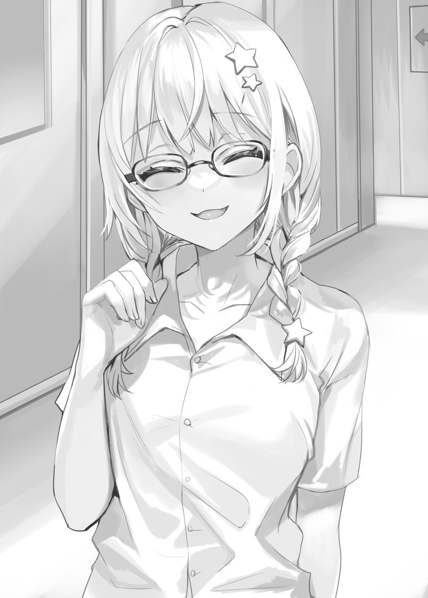 1girl :3 braid breasts buttons clenched_hand closed_eyes collarbone commentary_request crossed_bangs door floor glasses greyscale hair_between_eyes hair_intakes hair_ornament hairclip hairpin hand_up head_tilt highres indoors long_bangs looking_at_viewer loose_clothes loose_shirt low_twin_braids miyamae_nonoa momoko_(momopoco) monochrome novel_illustration official_art open_mouth parted_bangs school_uniform shirt short_sleeves sidelocks solo star_(symbol) star_hair_ornament swept_bangs tokidoki_bosotto_roshia-go_de_dereru_tonari_no_arya-san twin_braids