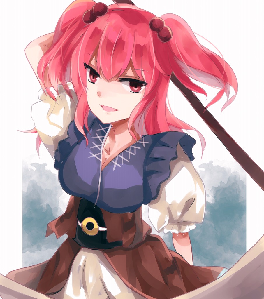 1girl aridamikannn arm_up collarbone cowboy_shot frilled_sleeves frills hair_bobbles hair_ornament head_tilt holding holding_scythe light_smile looking_at_viewer onozuka_komachi open_mouth pink_hair puffy_short_sleeves puffy_sleeves red_eyes scythe shirt short_sleeves simple_background touhou twintails two_side_up v-shaped_eyebrows white_background white_shirt