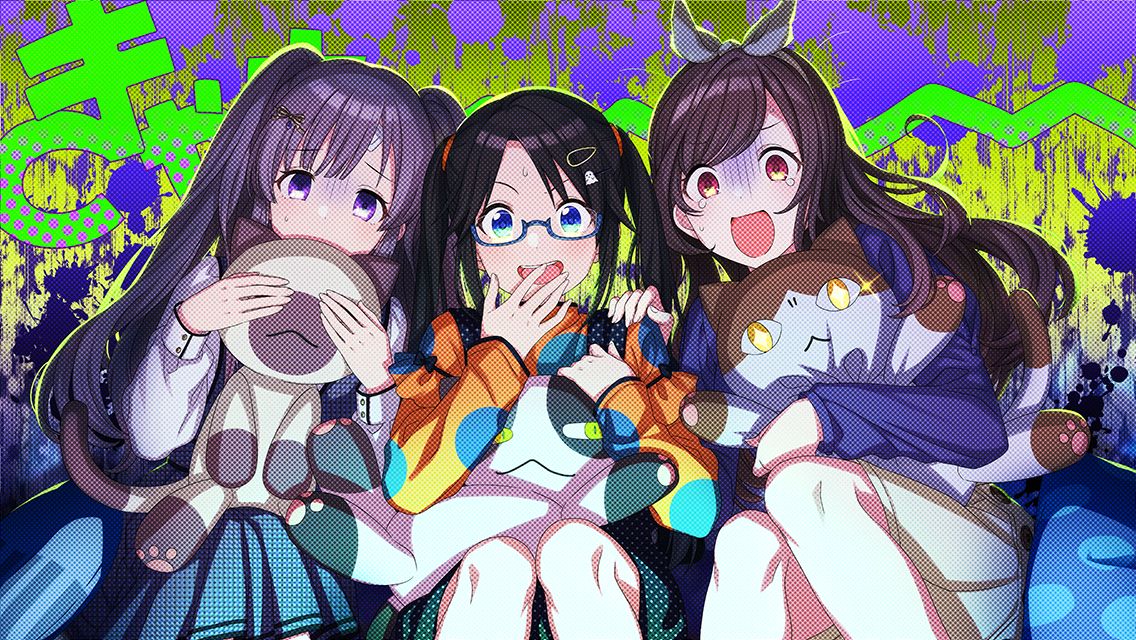 3girls bandage_on_face bandages black_hair blue-framed_eyewear blue_eyes blue_shirt blush bow bow_hairband brown_hair commentary covering_another's_eyes covering_mouth dress feet_out_of_frame game_cg ghost_hair_ornament gradient_background grey_hair hair_bow hair_ornament hair_tie hairband hairclip halftone hand_on_another's_shoulder holding holding_stuffed_toy idolmaster idolmaster_shiny_colors juliet_sleeves knees_together_feet_apart leaning_to_the_side long_hair long_sleeves looking_at_viewer mitsumine_yuika multicolored_shirt multiple_girls official_art open_mouth orange_eyes orange_shirt parted_bangs puffy_sleeves raised_eyebrows scared semi-rimless_eyewear shirt sitting skirt sound_effects splatter stuffed_animal stuffed_cat stuffed_toy sweatdrop tears tsukioka_kogane turn_pale twintails under-rim_eyewear violet_eyes white_shirt yellow_skirt yukoku_kiriko