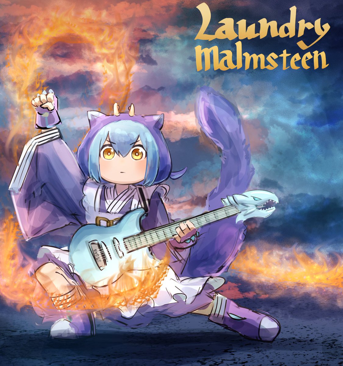 1girl album_cover album_cover_redraw apron arm_up blue-eyes_white_dragon blue_hair cover derivative_work dragon_girl dragon_horns duel_monster electric_guitar english_text fire full_body guitar hatano_kiyoshi highres horns instrument japanese_clothes kimono laundry_dragonmaid looking_at_viewer maid parody real_life solo the_melody_of_awakening_dragon wa_maid yellow_eyes yngwie_malmsteen yu-gi-oh!