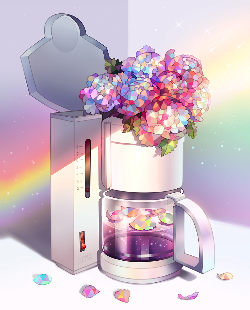 2017 bouquet coffee coffee_maker_(object) english_commentary flower_focus gradient_background leaf longestdistance multicolored_flower no_humans numbered object_focus original petals rainbow still_life