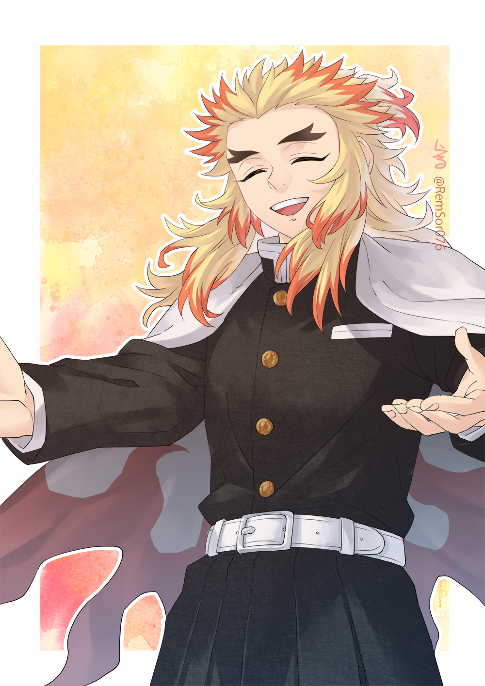 1boy blonde_hair cape closed_eyes demon_slayer_uniform forked_eyebrows highres japanese_clothes kimetsu_no_yaiba long_hair long_sleeves male_focus multicolored_hair open_mouth redhead remsor076 rengoku_kyoujurou smile solo teeth two-tone_hair upper_teeth_only