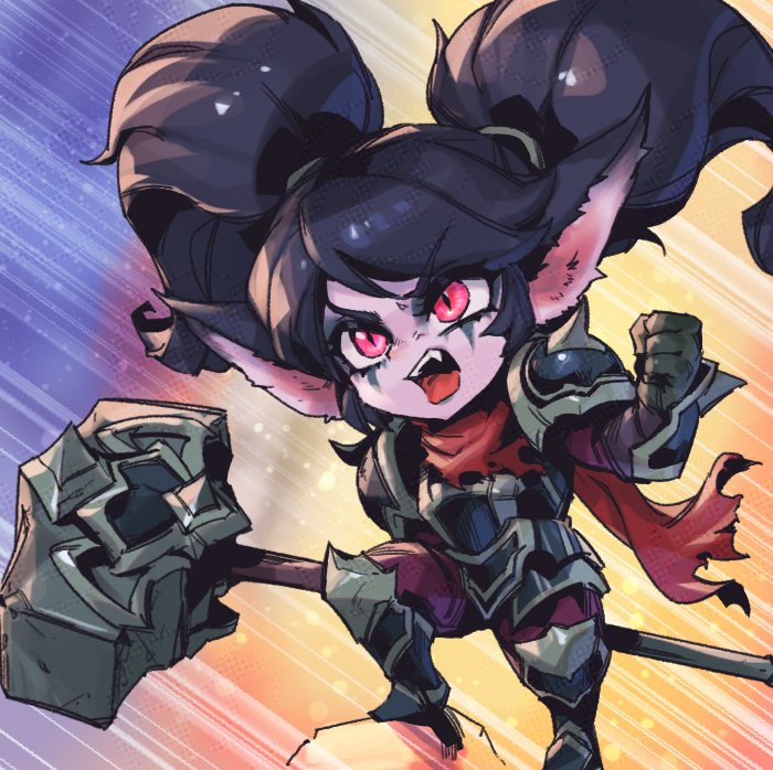 1girl armor black_armor black_hair blue_background brown_gloves clenched_hand fangs gloves hammer holding holding_hammer holding_weapon league_of_legends multicolored_background noxus_poppy official_alternate_costume orange_background phantom_ix_row pink_eyes poppy_(league_of_legends) red_background red_scarf scarf solo standing teeth torn_scarf twintails upper_teeth_only weapon yordle