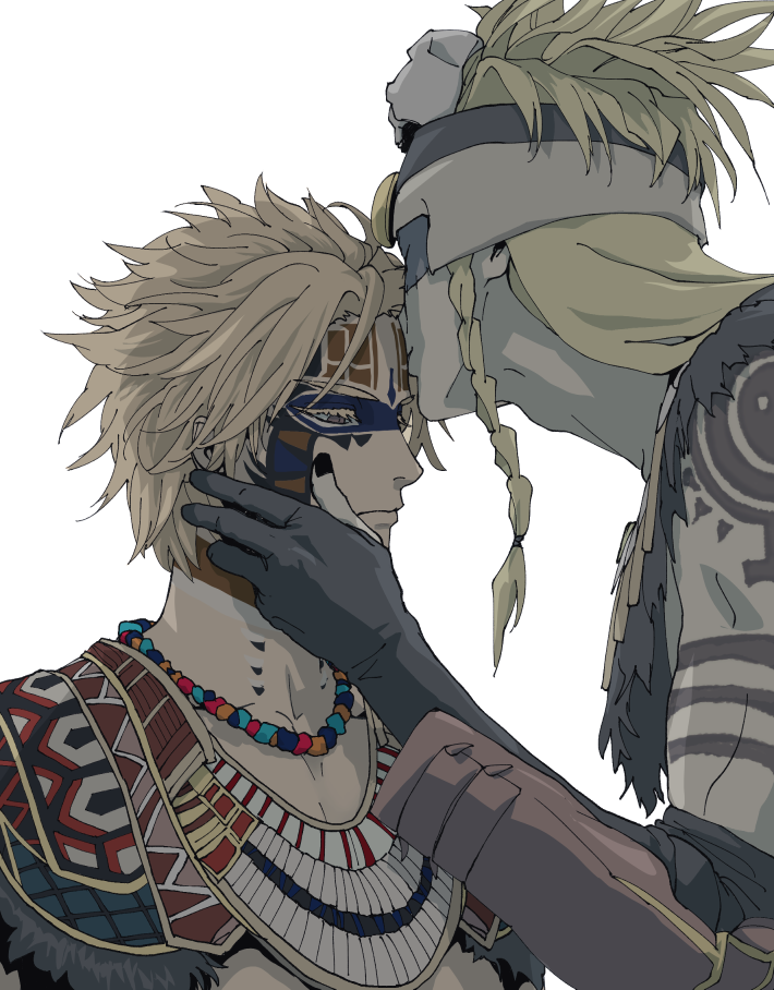 2boys arm_tattoo black_nails blonde_hair braid brown_eyes daybit_sem_void facepaint fate/grand_order fate_(series) hair_ornament hand_on_another's_cheek hand_on_another's_face headdress hiraitatogta jewelry kiss kissing_forehead long_hair lowered_eyelids multiple_boys necklace short_hair shoulder_tattoo side_braid skull skull_hair_ornament tattoo tezcatlipoca_(fate) tezcatlipoca_(third_ascension)_(fate)