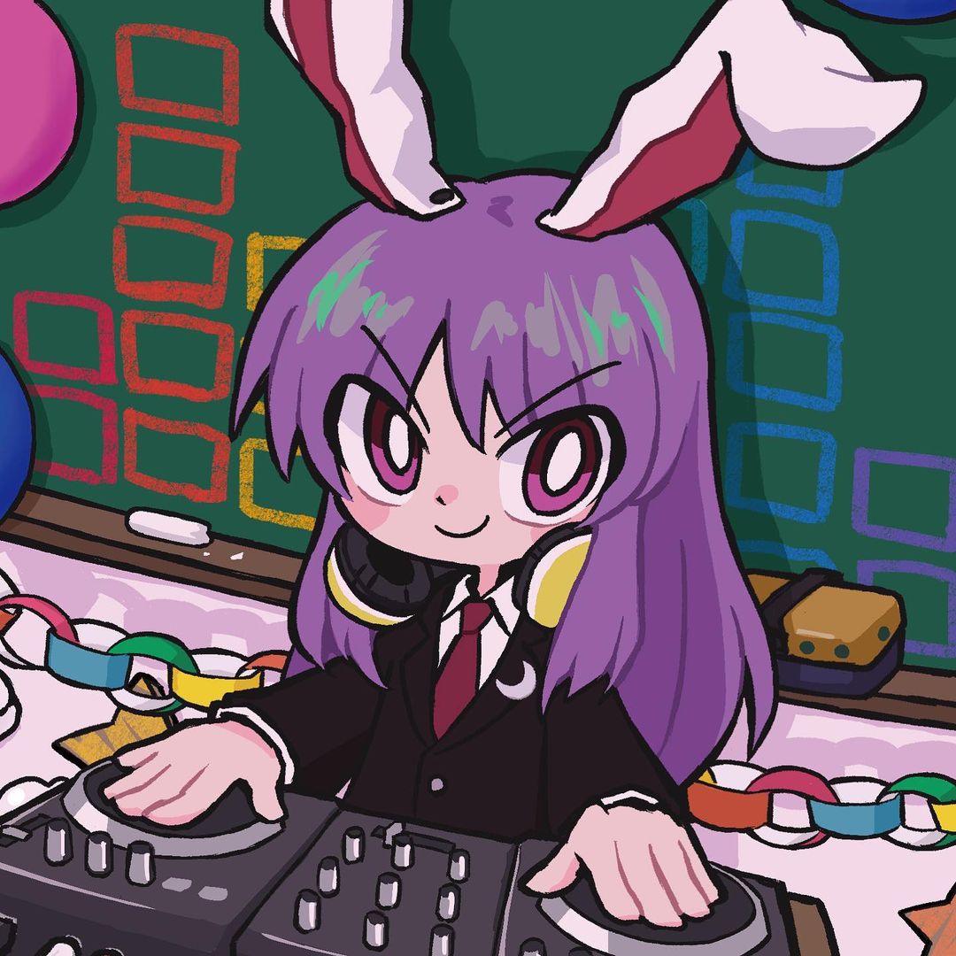 1girl animal_ears balloon black_jacket blazer board_eraser buttons chalk chalkboard clock closed_mouth collared_shirt commentary_request crescent crescent_pin dj djrem headphones headphones_around_neck jacket light_purple_hair long_hair long_sleeves mixing_console necktie purple_hair rabbit_ears rabbit_girl record red_necktie reisen_udongein_inaba shirt solo touhou turntable v-shaped_eyebrows very_long_hair violet_eyes white_shirt