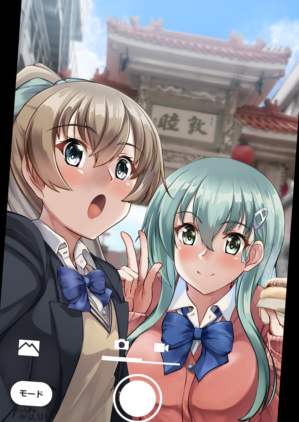 2girls aqua_eyes black_jacket blazer blue_bow blue_bowtie blue_sky bow bowtie breasts brown_hair brown_vest cardigan cellphone_picture clouds collared_shirt commentary_request day dress_shirt fake_phone_screenshot fake_screenshot green_eyes hair_ornament hairclip highres jacket kantai_collection kobe kumano_(kancolle) landmark long_hair medium_breasts multiple_girls official_alternate_costume outdoors pink_cardigan ponytail selfie shirt sky suzuya_(kancolle) sweater_vest torii upper_body v vest viewfinder white_shirt yo-suke