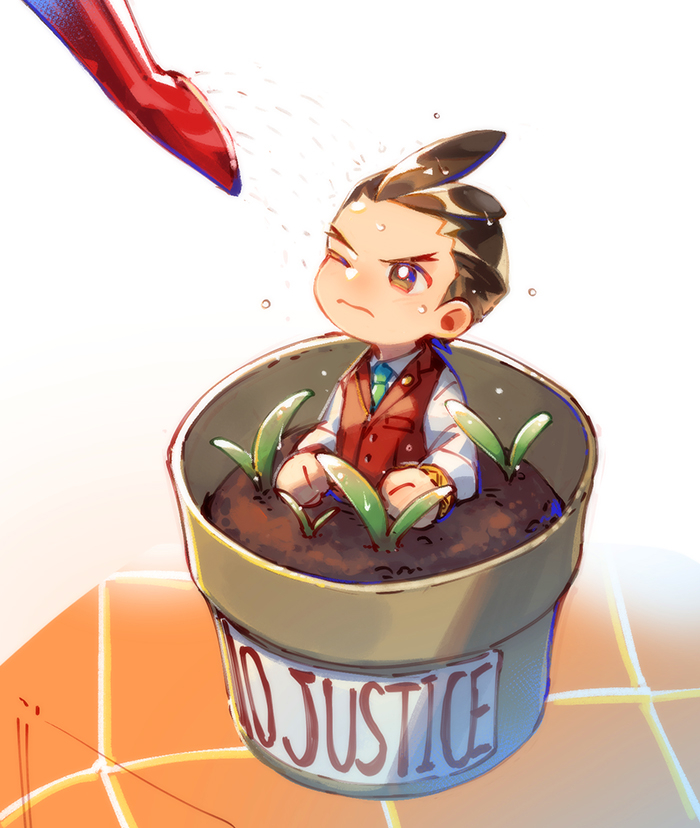 1boy ace_attorney antenna_hair apollo_justice aqua_necktie bracelet breast_pocket brown_eyes brown_hair character_name clenched_hands closed_mouth collared_shirt flower_pot hi-fi_(fijazzy) in_pot jewelry lapel_pin lapels male_focus mini_person miniboy necktie one_eye_closed plant pocket red_vest shirt short_hair sleeves_past_elbows solo upper_body v-shaped_eyebrows vest water watering watering_can white_shirt