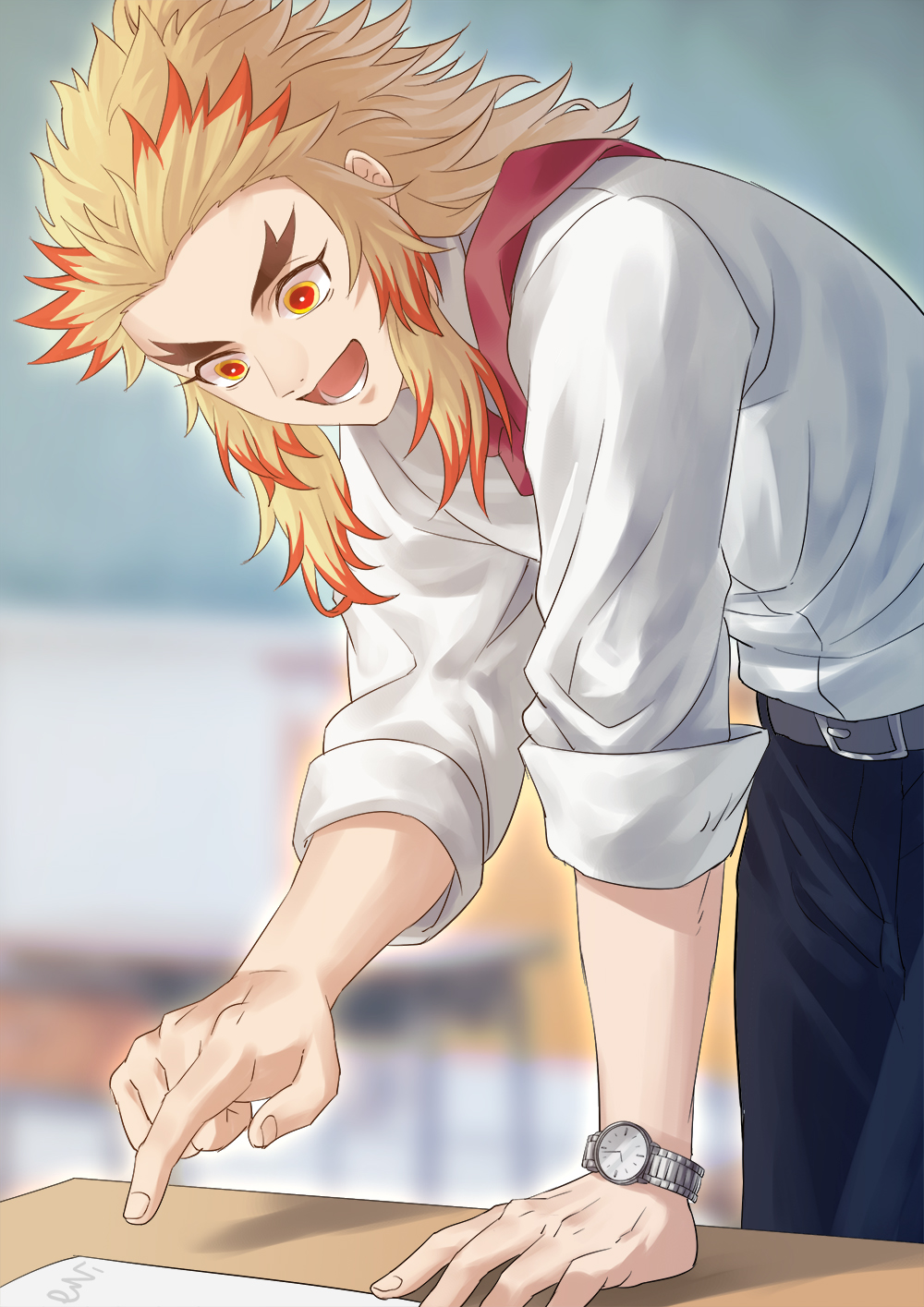 1boy blonde_hair desk forehead forked_eyebrows highres kimetsu_no_yaiba long_hair male_focus multicolored_hair necktie open_mouth orange_hair paper pointing red_eyes red_necktie remsor076 rengoku_kyoujurou shirt smile solo two-tone_hair watch white_shirt