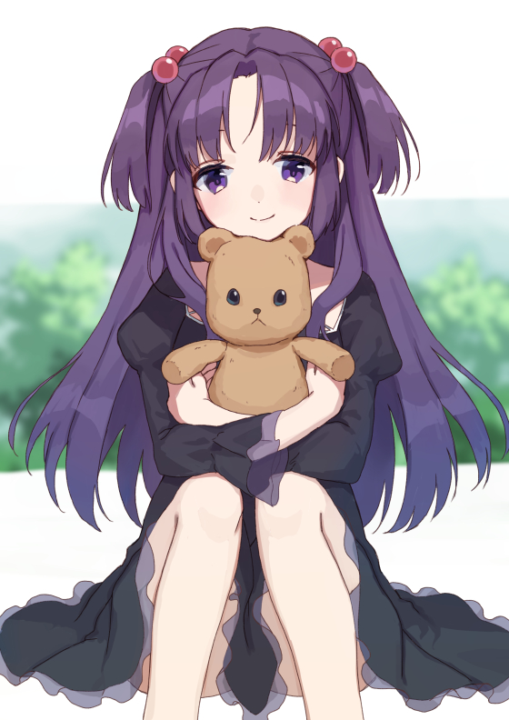 black_dress clannad commission crossed_arms doll_hug dress feet_out_of_frame hair_bobbles hair_ornament ichinose_kotomi long_hair long_sleeves mitsuyo_(mituyo324) object_hug purple_hair smile stuffed_animal stuffed_toy teddy_bear two_side_up violet_eyes