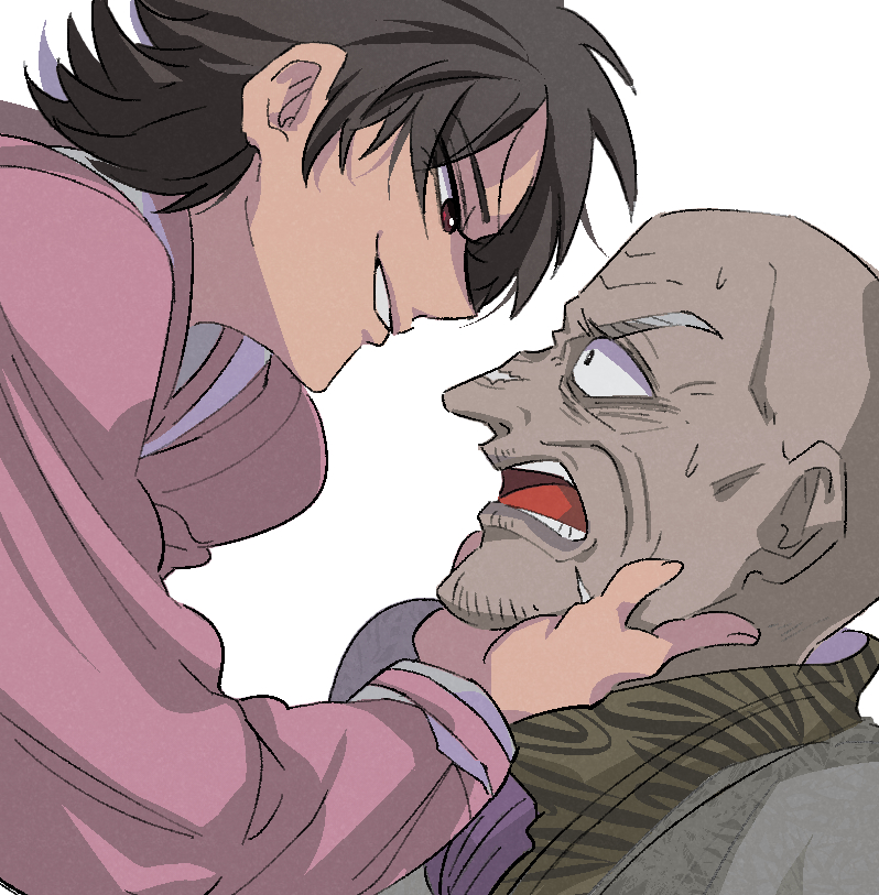 1boy 1girl animal_print bald black_hair character_request commentary_request grin hand_on_another's_chin inudori jacket long_sleeves looking_at_another mamiya_(yami-ma_no_mamiya) old old_man pink_jacket profile red_eyes scar scar_on_face scar_on_nose scared short_hair simple_background smile teeth tiger_print upper_body v-shaped_eyebrows white_background yami-ma_no_mamiya