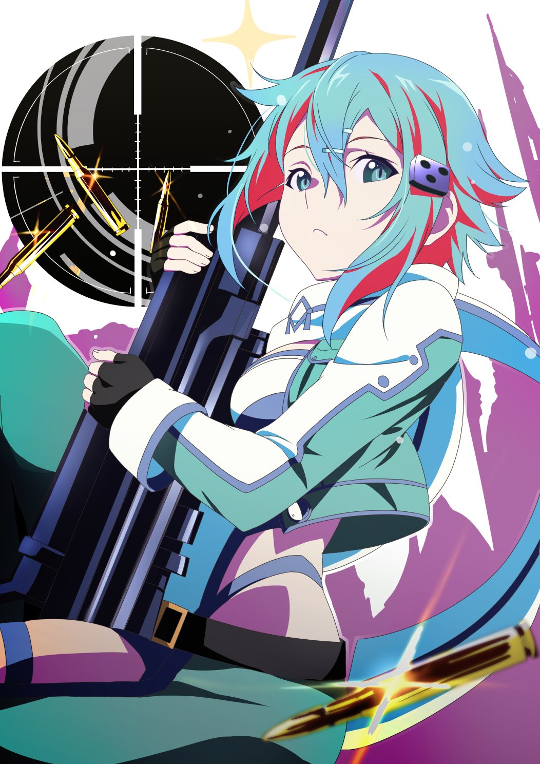 1girl anti-materiel_rifle black_gloves blue_eyes blue_hair bolt_action bullet cropped_jacket fingerless_gloves gesugesu_ahoaho gloves gun hair_between_eyes hair_ornament hairclip highres holding holding_gun holding_weapon long_sleeves looking_at_viewer pgm_hecate_ii rifle scar short_hair simple_background sinon sitting sniper_rifle sword_art_online weapon
