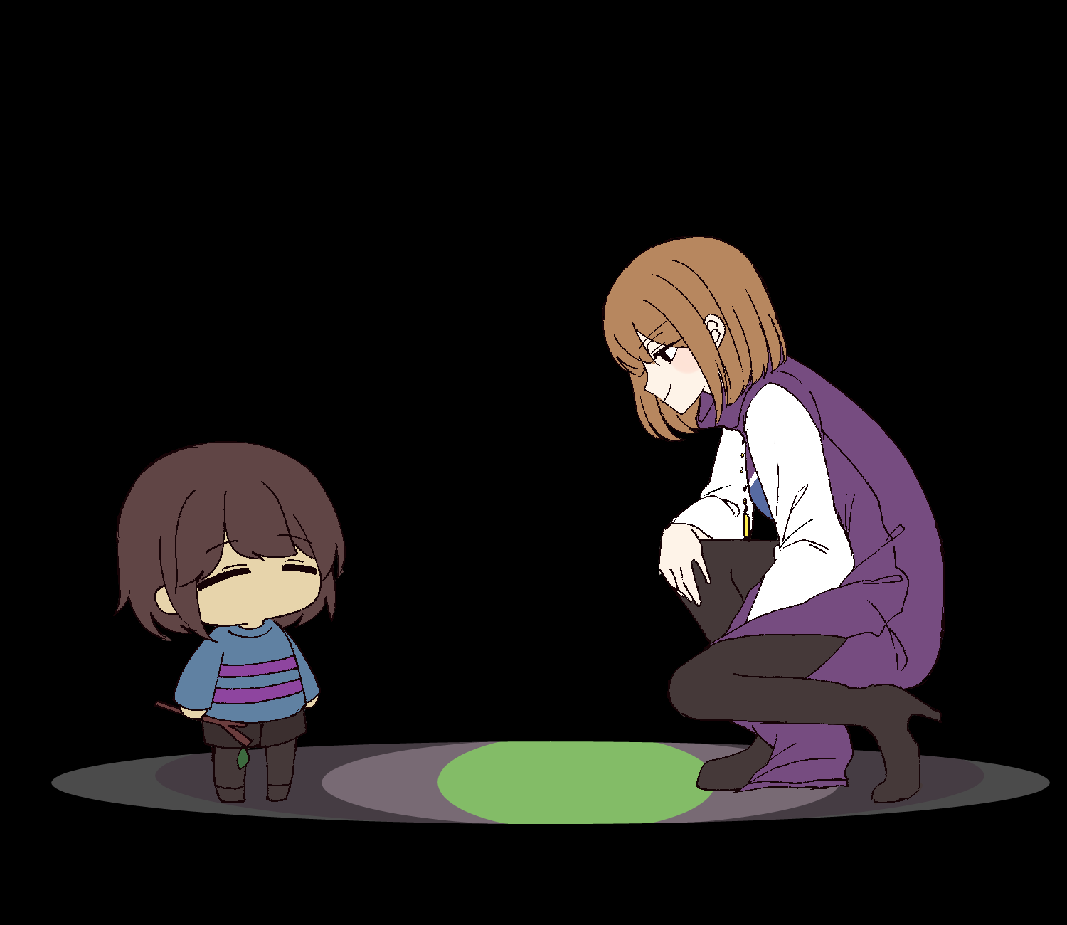 0725akaba 1girl 1other between_legs black_background black_footwear black_pantyhose black_shorts blue_shirt blush_stickers boots brown_hair character_request chibi closed_eyes closed_mouth dress frisk_(undertale) hand_between_legs high_heel_boots high_heels highres holding holding_stick long_sleeves pantyhose pantyhose_under_shorts profile purple_dress shirt shoes shorts simple_background stick striped striped_shirt undertale