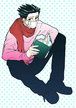 1boy a_k_i ace_attorney black_eyes black_footwear black_pants book commentary_request full_body green_hair holding holding_book long_sleeves looking_to_the_side lowres male_focus mask mouth_mask pants phoenix_wright pink_sweater scarf shoes short_hair sick sitting solo spiky_hair sweater