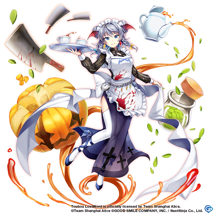 1girl alternate_costume apron bat_wings blue_eyes braid closed_mouth commentary copyright_name cup earrings english_commentary flask full_body game_cg grey_hair halloween halloween_costume head_wings holding holding_tray izayoi_sakuya izayoi_sakuya_(would_you_like_pumpkin_tea?) jack-o'-lantern jewelry long_sleeves looking_at_viewer machete maid maid_headdress medium_hair pocket_watch rotte_(1109) side_braids simple_background smile solo stained_clothes tea teacup teapot thigh-highs third-party_source touhou touhou_lost_word tray twin_braids watch white_apron white_background white_thighhighs wings