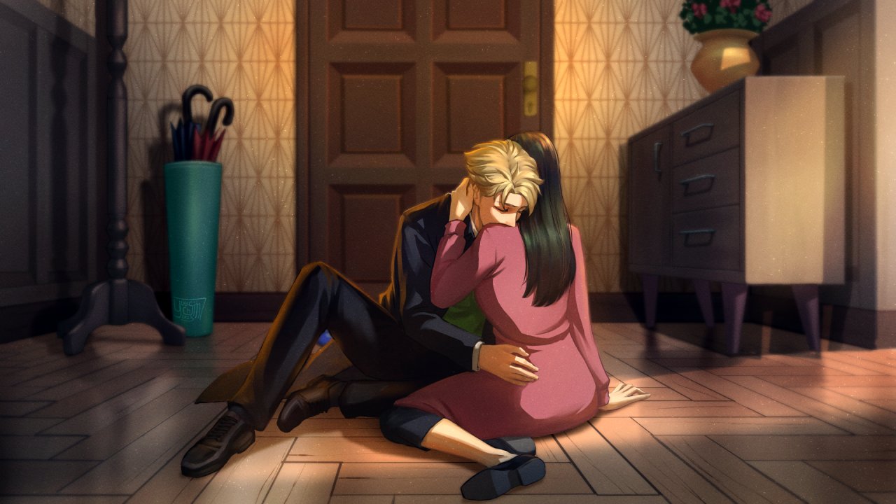 1boy 1girl black_hair blonde_hair closed_eyes collared_shirt comforting couple hand_on_another's_back hand_on_another's_shoulder head_on_another's_shoulder head_rest hug husband_and_wife indoors jacket leaning_on_person long_hair red_sweater shirt short_hair sitting spy_x_family suit sweater twilight_(spy_x_family) yor_briar yuushin_07