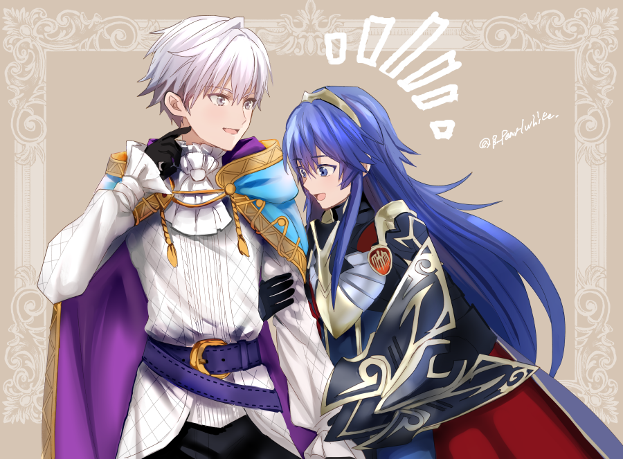 1boy 1girl arm_hug armor ascot belt belt_buckle black_gloves blue_cape blue_eyes blue_hair breastplate buckle cape commentary_request commission fire_emblem fire_emblem_awakening fire_emblem_heroes gloves grey_eyes height_difference hood hooded_cape index_finger_raised long_hair long_sleeves lucina_(brave_princess)_(fire_emblem) lucina_(fire_emblem) official_alternate_costume open_mouth purple_cape red_cape robin_(fire_emblem) robin_(male)_(exalt's_deliverer)_(fire_emblem) robin_(male)_(fire_emblem) shield shirt shoochiku_bai short_hair skeb_commission smile tiara two-tone_cape white_ascot white_hair white_shirt