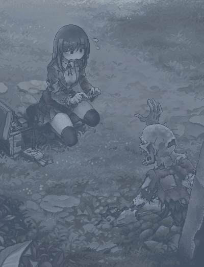 1boy 1girl bandaid collared_shirt first_aid_kit flying_sweatdrops grass hamsterfragment holding_bandaid long_hair long_sleeves looking_at_another monochrome open_mouth original outdoors pleated_skirt ribbon scared shirt skirt squatting suicidal_girl_(hamsterfragment) thigh-highs tombstone torn_clothes zombie