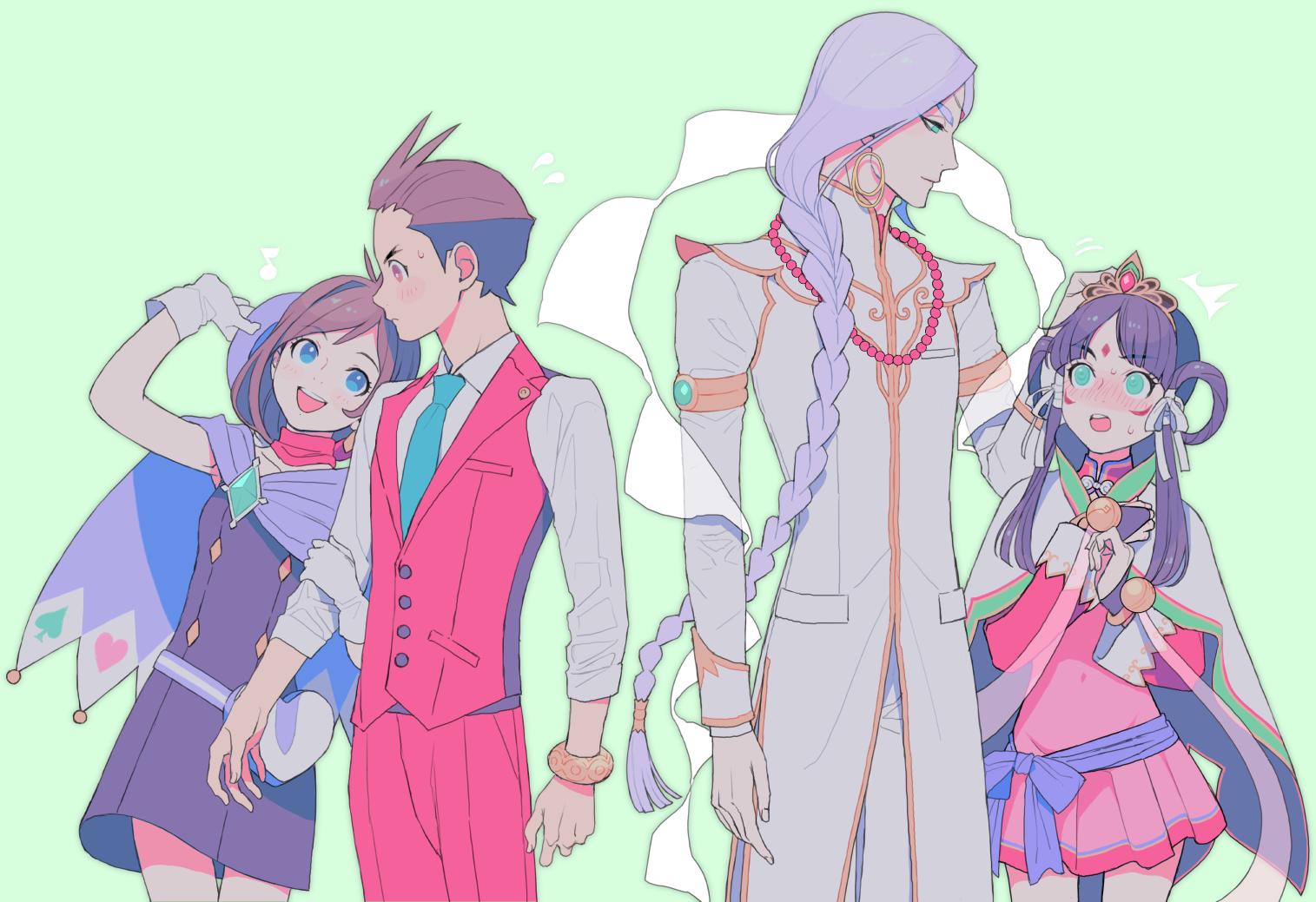 2boys 2girls :d :o ace_attorney antenna_hair aqua_necktie arm_at_side arm_garter arm_hug arm_up asymmetrical_sidelocks bell black_dress blue_cape blue_eyes blue_hair blue_headwear blush bracelet braid breast_pocket brother_and_sister brown_eyes brown_hair buttons cape coat collared_shirt cowboy_shot crown dress earrings eye_contact facial_mark forehead_mark gem gloves green_background green_eyes green_gemstone hair_ribbon hair_rings hand_on_another's_head hat headpat heart holding holding_clothes holding_hat jewelry jingle_bell lapel_pin lapels long_hair long_sleeves looking_at_another medium_hair multiple_boys multiple_girls musical_note nahyuta_sahdmadhi necktie open_mouth ouse_(otussger) pants pink_dress pocket purple_hair rayfa_padma_khura'in red_pants red_scarf red_suit red_vest ribbon scarf shirt short_dress short_hair siblings single_braid sleeves_rolled_up smile spade_(shape) suit swept_bangs trucy_wright very_long_hair vest white_cape white_coat white_gloves white_pants white_ribbon white_shirt