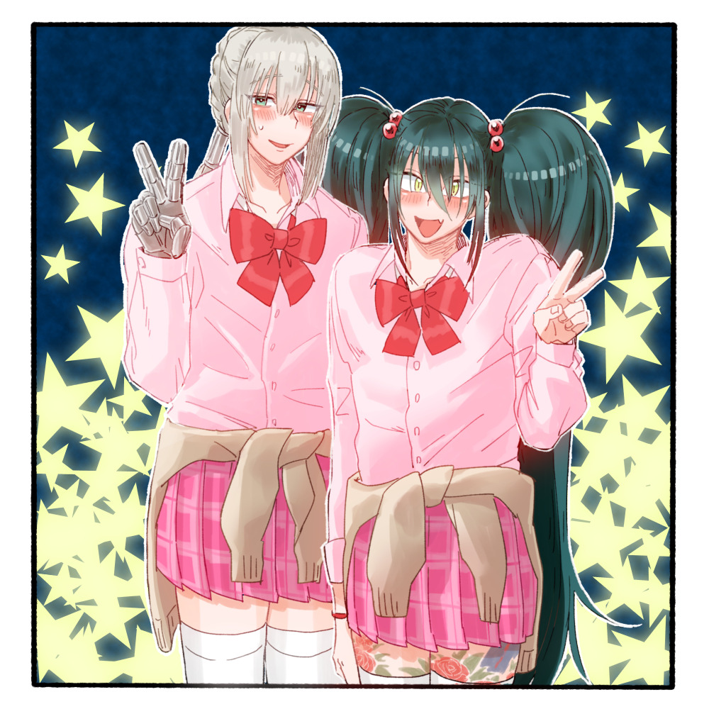 2boys alternate_costume alternate_hairstyle bedivere_(fate) blue_background border bow bowtie brown_cardigan buttons cardigan cardigan_around_waist clothes_around_waist collared_shirt commentary_request cowboy_shot crossdressing fang fate/grand_order fate_(series) flower_tattoo gauntlets gedougawa green_eyes green_hair grey_hair hair_between_eyes hair_tubes leg_tattoo long_bangs long_hair looking_at_viewer male_focus multiple_boys open_mouth pink_shirt pink_skirt pleated_skirt red_bow red_bowtie shirt skin_fang skirt smile star_(symbol) tattoo thigh-highs twintails v very_long_hair white_border white_thighhighs yan_qing_(fate) yellow_eyes